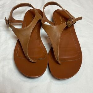 Ralph Lauren Preppy Classic Minimalist Tan Leather T-Strap Sandals with Buckle